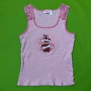 Large Coca Cola Jeans Pink Ribbed Tank Top Lace Trim Graphic Print
